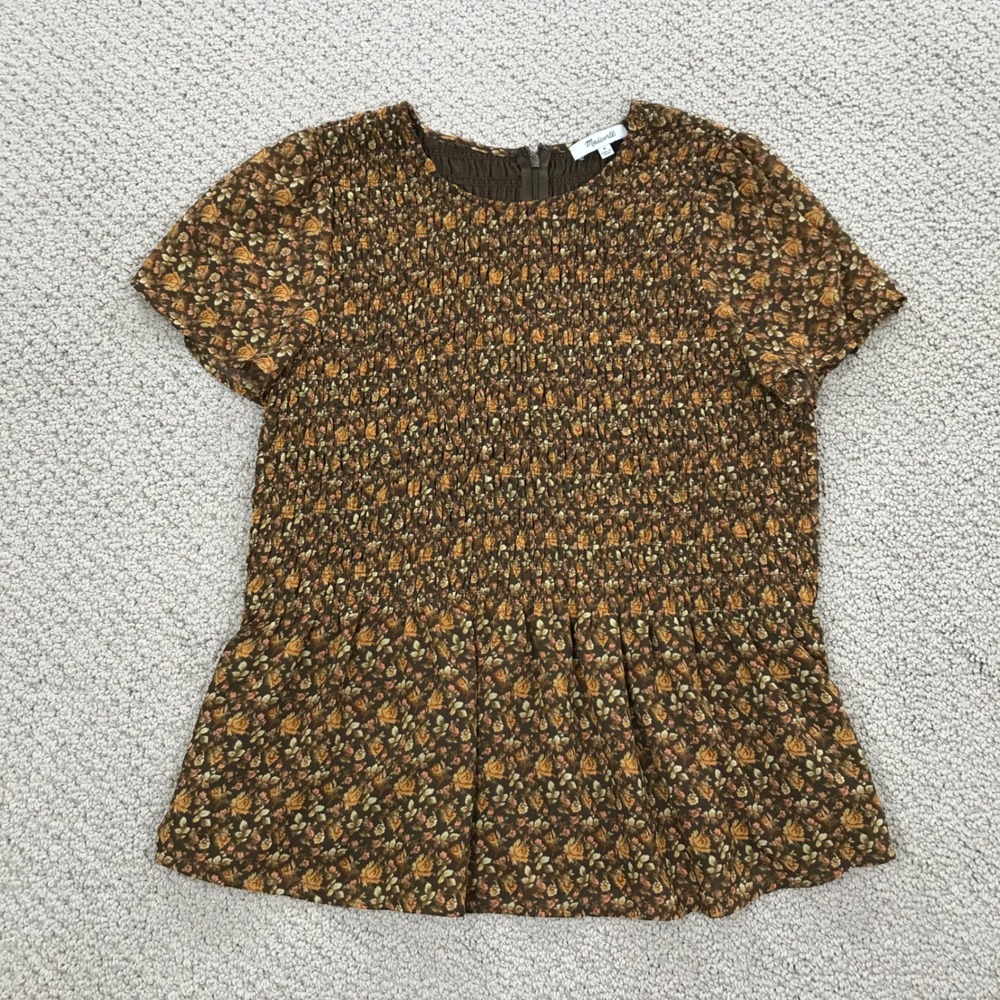 Madewell Smocked Peplum Top Brown Floral Short Sleeve Blouse Medium NE082